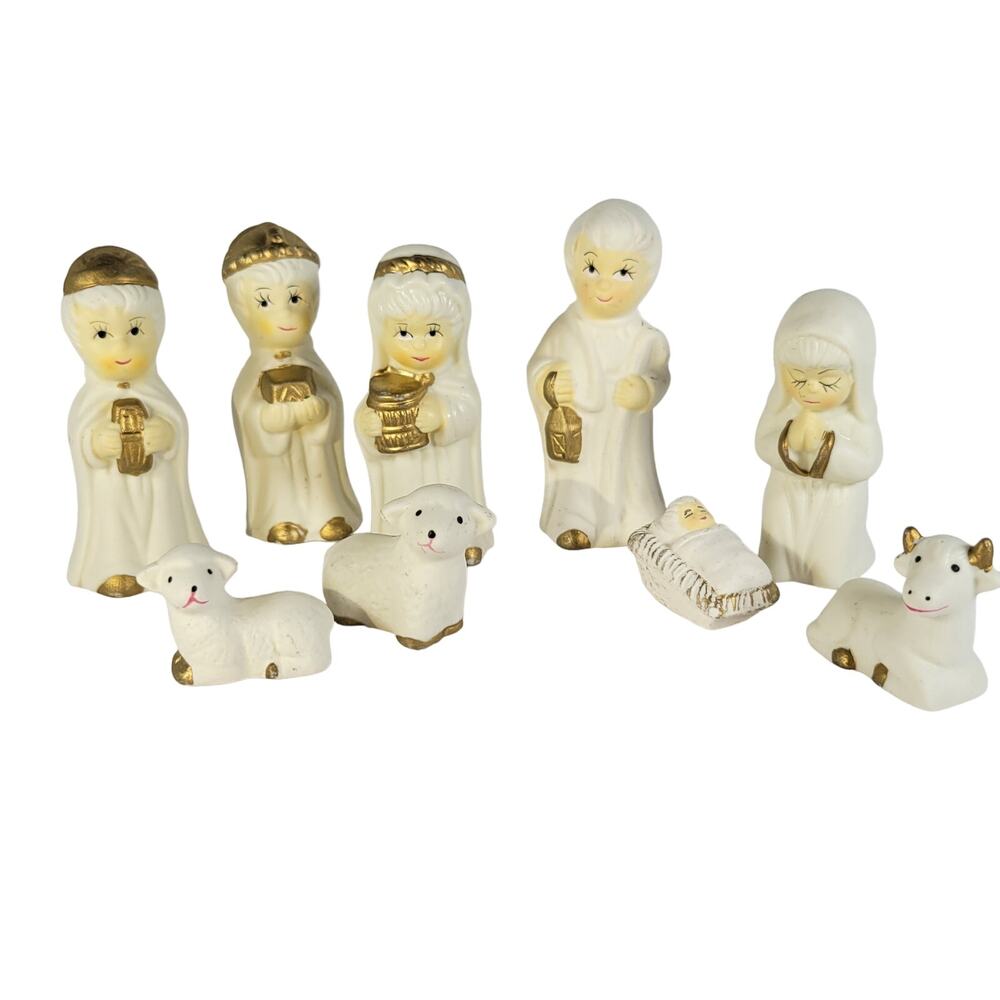 9 Pc Vintage White & Gold Porcelain Nativity Set Figurines Christmas Decoration